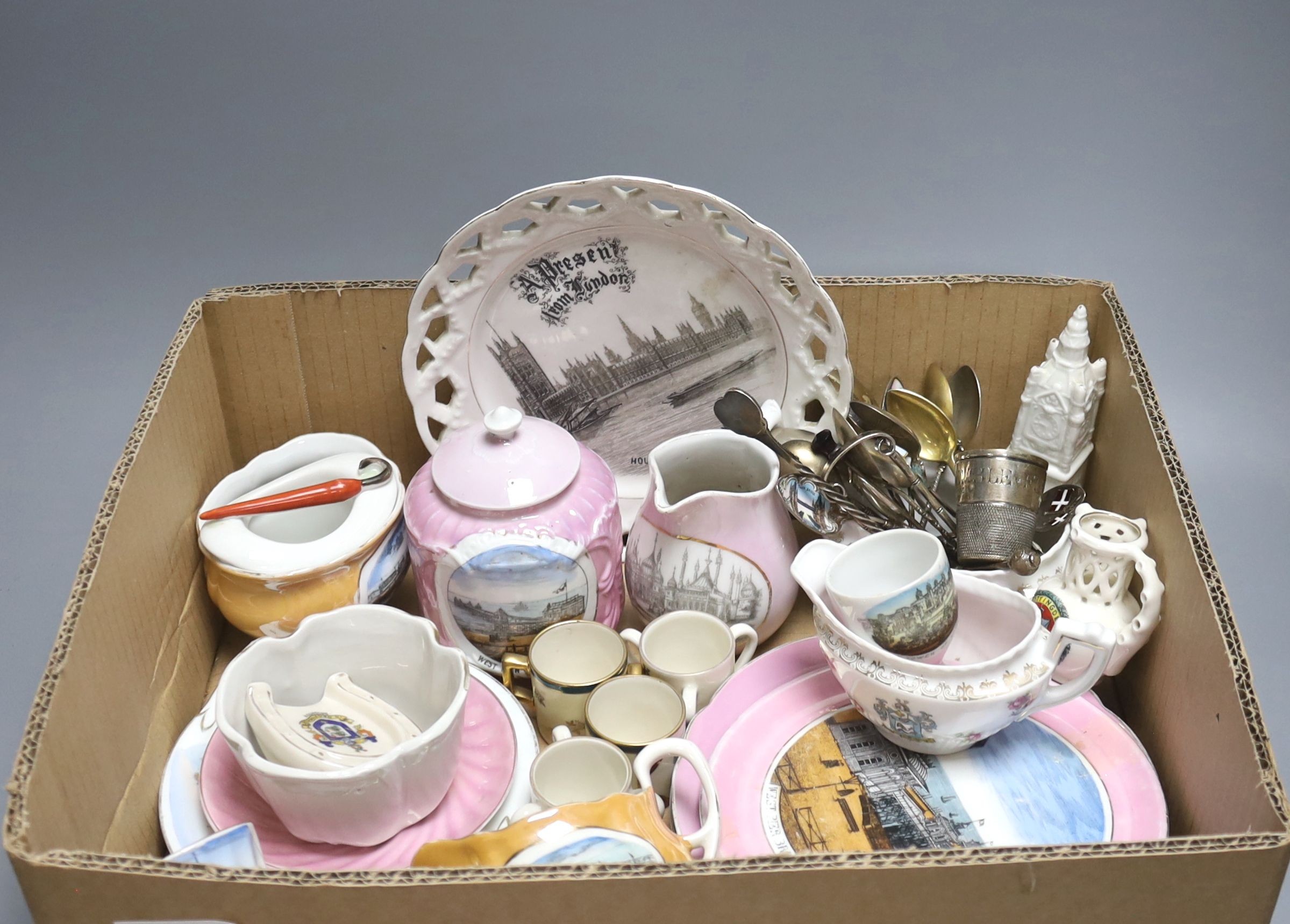 A group of late 19th century Brighton and London souvenir porcelain wares including crested wares